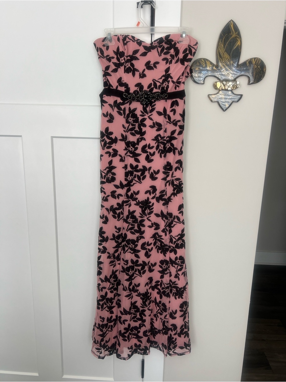 Strapless Pink Dress with Black Floral Overlay